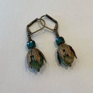 Vintage/Boho style Green and Teal with antiqued brass earrings. Chalcedony